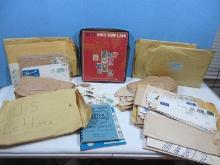 Lot Post marked Stamps, Stamp Album w/Some Stamps, Postcards, Air Mail Letters 1960's etc.