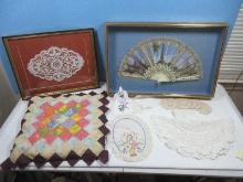 Lot Lace Trim Hand Fan London Landmarks Shadow Box Frame 24" x 16", Lace Crochet Dolly