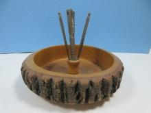 Vintage Nut Cracker Set Live Edge Bowl w/Center Utensils in Holder