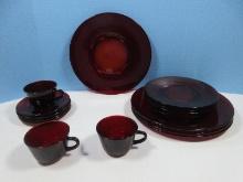 15pcs Ruby Pressed Glass Dinner 4 Plates 11 1/2"D, 4 Salad 8 1/4", 4 Saucers & 3 Cups