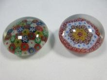 2 Beautiful Art Glass Millefiori Flowers Design Paper Weights Polished Base Weight