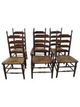 Set of Six Ladder Back Dining Chairs with Wicker Seats and Backs