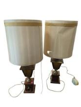 Vintage Pair of Brass Lamps with White Shades and Gold Trim