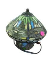 Stained Glass Dragonfly Lamp with Colorful Design Shade and Pink Tag