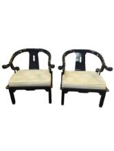 Pair of Black Lacquer Chinese Chairs with White Cushions