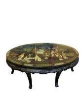 Antique Chinese Lacquer Coffee Table with Hand Painted Landscape Scene.