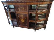 Antique Wooden Cabinet with Glass Doors and Shelves - Intricate Inlaid Design with Gold Accents.