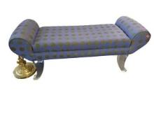 Polka Dot Upholstered Bench with Gold Accents - Blue and Green Fabric with Acrylic Legs.