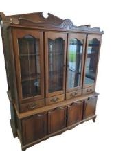 Antique Wooden Cabinet with Glass Doors and Metal Handles