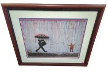 Framed Artwork: Man Walking with Umbrella in Colorful Rain - Street Art Style Painting