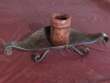 (BASE) ORNATE METAL CANDLE HOLDER WITH SCROLLED DETAILS AND A DISTRESSED METAL TRAY, PERFECT FOR