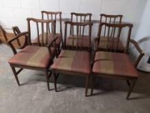 (BASE) SET OF SIX MID-CENTURY MODERN DINING CHAIRS WITH WOOD FRAMES, SLATTED BACKS, AND UPHOLSTERED