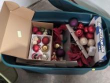 (BASE) LOT OF MISC. CHRISTMAS ORNAMENTS TO INCLUDE: DIFFERENT COLORED GLASS BALL ORNAMENTS, HAND