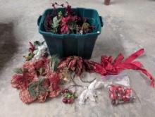 (BASE) CHRISTMAS DECOR LOT TO INCLUDE: FAUX. CHRISTMAS FOLIAGE, DECORATIVE WREATH, RED GLASS