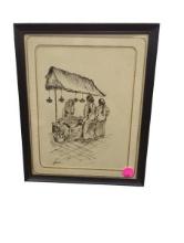 Framed Artwork: Women Selling Food and Flowers - Vintage Sketch Art Illustration