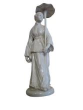 White Ceramic Statue of a Geisha Girl with an Umbrella