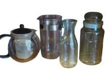 Glass Kitchenware Collection - Teapot, Pitcher, Jar, and Vase.