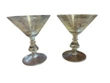 Pair of Etched Glass Martini Glasses - Vintage Stemware - Set of 2 -