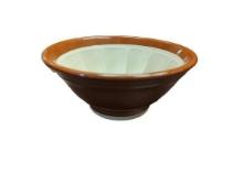 Brown Ceramic Suribachi Mortar with White Interior and Grating Design.