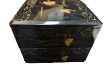 Black Lacquer Box with Gold Pine Cone and Flower Designs