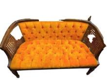 Vintage Button Tufted Cane-back Orange Settee