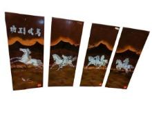 Set of Four Decorative Horse-Themed Paintings with applied Mother of Pearl Inlay on a Brown