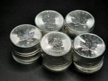 (50) 2015 Canada 9999 Fine Silver Maple Leaf 1 OZ Argent PUR $5 Coins