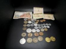 (36) Foreign Coins, (4) Foreign Bills, & (6) Medals/Tokens