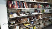 Lot on Shelves of Various Light Bulbs, Wall Anchors, Fluorescent Bulbs, Manuals, Bug Spray, Goo