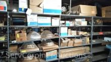 Lot on Shelves of Various Glass Globes, EMT Couplers, Hanging Light Fixtures, Open Face Boxes,