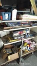 Lot on Shelves of Various Toys:Electric Train Set, LED Holiday Lights, Kites, Cars, Yugioh Cards