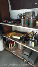 Lot on Shelves of Various Volt Meters, Meter Jackets, Test Probes, Circuit Alerts, Flash Lights, Map