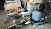 Lot on 2 Pallets of Various Fluorescent Light Fixtures, Large Electric Motor, Safe, Seat Cushion,