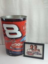 DALE EARNHARDT JR 15" TRASH CAN WITH FRAMED PICTURE OF FATHER &SON 6X8