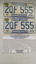 1968 MINNESOTA STATE LICENSE PLATES PAIR 2QF555 WITH RAP AND 1970 TABS