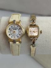 QUARTZ W/ LEATHER BAND & GRUIEN PRECISION SMALL STRETCH BAND GOLD TONE LADIES WATCHES UNTESTED