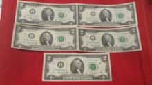 5 US - $2 BILLS - ALL 1976