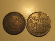 Foreign Coins:  Spain 1947  1 & 1957 5 Pesetas coins