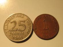 Foreign Coins: Trinidad & tobago 1966 25 & 1967 1 Cents