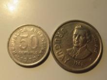 Foreign Coins: Argentina 1953 Argentina 50 Centavos & 1981 Uruguay 10 Pesos