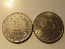 Foreign Coins: Argentina 1959 1 Peso & 1980 Uruguay 5 Pesos