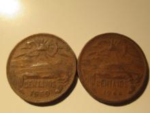 Foreign Coins: 1944 & 1969 Mexico 20 Centavos