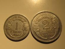 Foreign Coins: 1944 (WWII) France 1 & 2 Francs