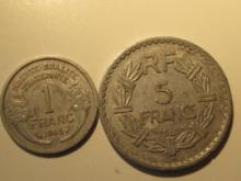 Foreign Coins: 1945 (WWII) France 1 & 5 Francs