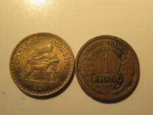 Foreign Coins: 1921 & 1937 France 1 Franc