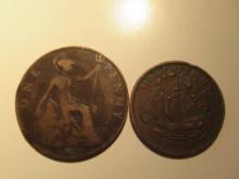 Foreign Coins: Great Britain 1912 Penny & 1957  1/2 Penny