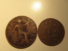 Foreign Coins: Great Britain 1919 Penny & 1956 1/2 Penny