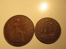 Foreign Coins: Great Britain 1920 1 Penny & 1955 1/2 Penny