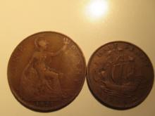 Foreign Coins: Great Britain 1921 Penny & 1954 1/2 Penny