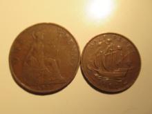 Foreign Coins: Great Britain 1927 Penny & 1952 1/2 Penny